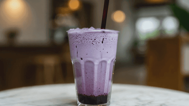 테이블 위에 놓인 보라색 블루베리 스무디