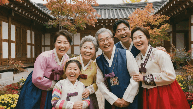 Family wearing hanbok and smiling during holiday