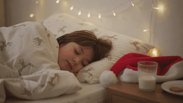 크리스마스 조명과 함께 자는 아이