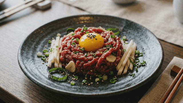 Yukhoe topped with egg yolk