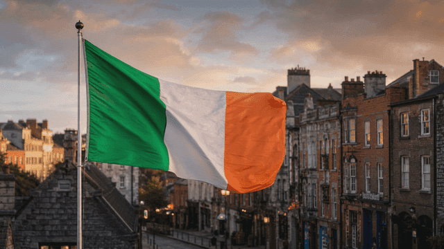 Street where Irish flag is flying
