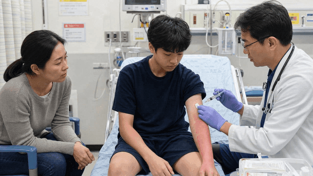 Doctor treating a boy's arm in a hospital