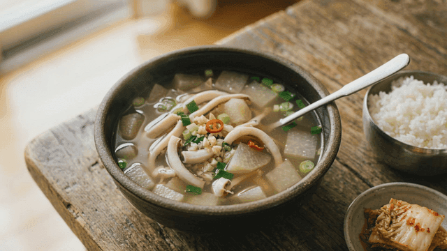 Squid soup with rice, rice, and kimchi.