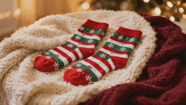 아늑한 담요 위의 크리스마스 양말