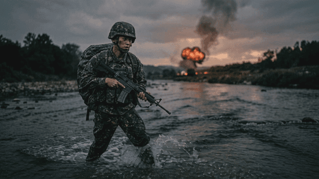 Soldiers crossing river with explosion