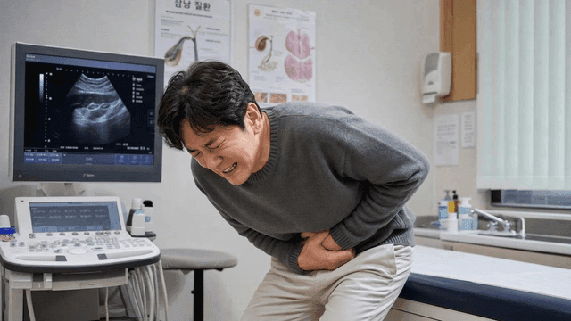 Man clutching his stomach in pain at clinic