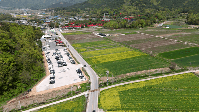 Vast farmland with roads and village