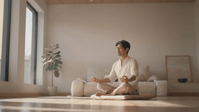 햇살이 비치는 방에서 명상하는 남자