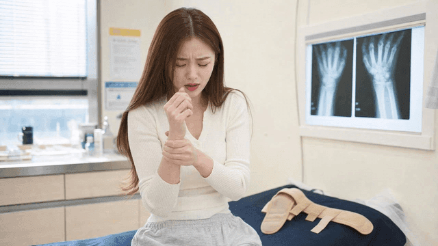 Painful woman holding her wrist at clinic