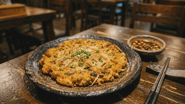 Kimchi pancake in cozy restaurant