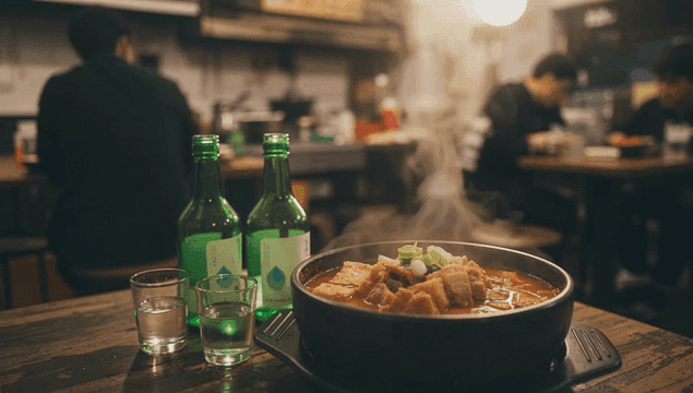 김치찌개와 소주병이 있는 장면