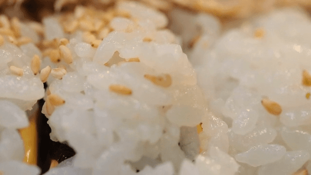 참치와 참깨가 뿌려진 김밥의 근접 촬영