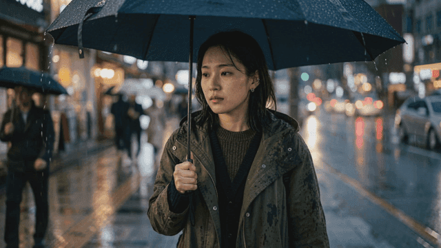 Gloomy woman holding umbrella on rainy city street
