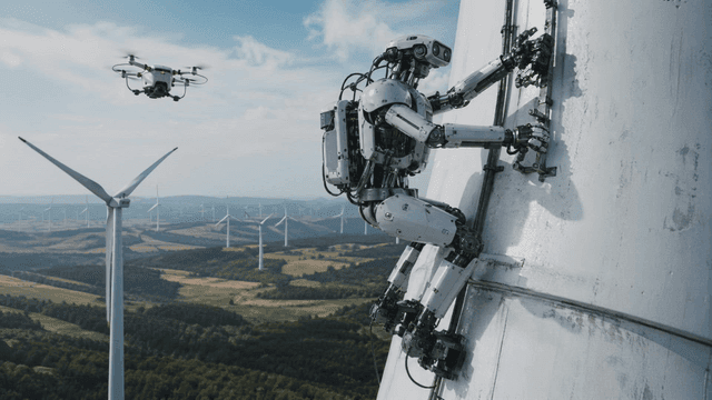 Robot inspecting a wind turbine
