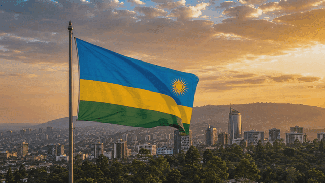 Rwandan flag and city skyline at sunset