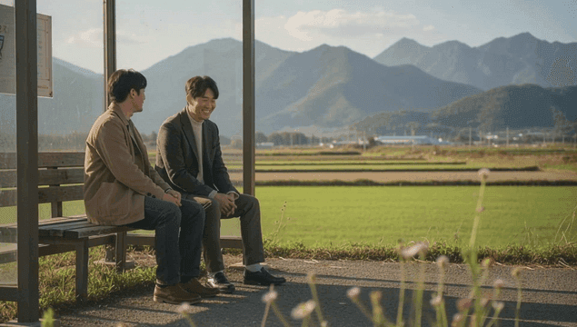 Two men talking at a rural bus stop