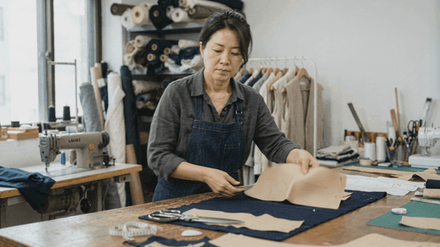 Woman cutting fabric in studio