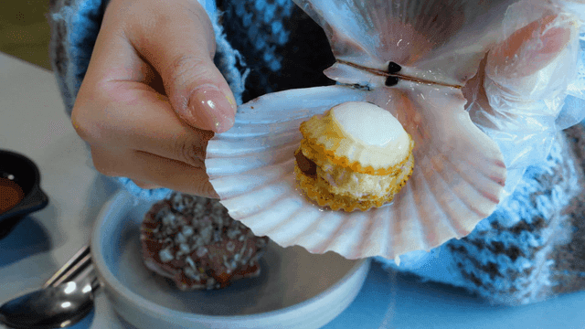 Person who opens shells of steamed red scallops
