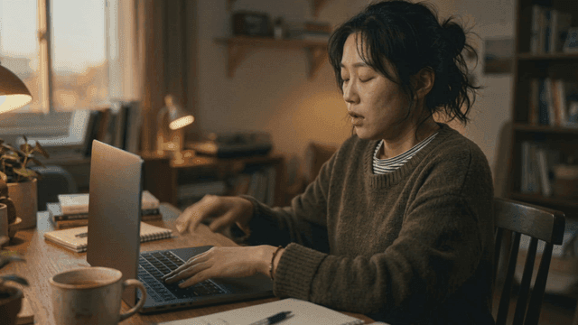 Woman opening and closing laptop in dark room