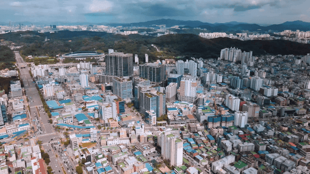 Bustling city with tall buildings