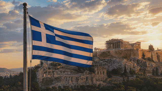 Greek flag waving near ancient ruins