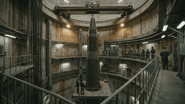 Missiles and soldiers in underground hangar
