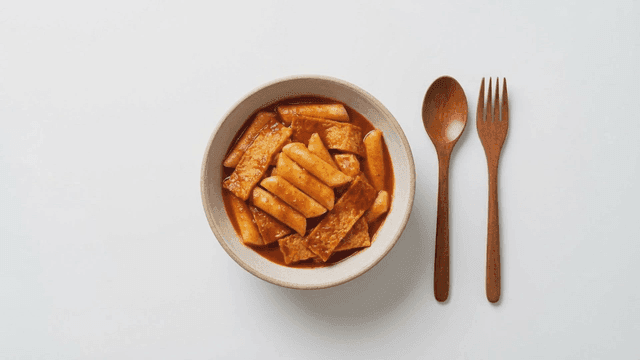 Bowl of tteokbokki with spoon and fork