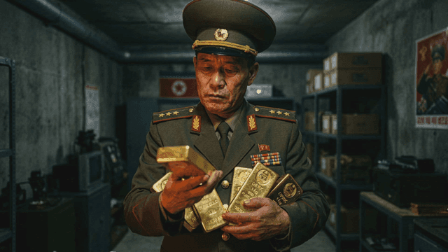 North Korean military officer holding gold bars