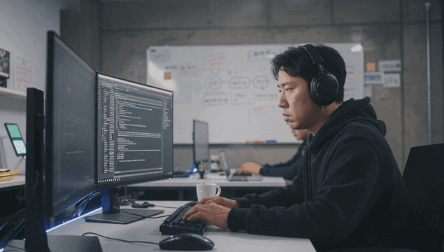 IT 회사 사무실에서 집중하는 프로그래머