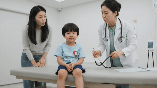 Doctor examining worried mother and child