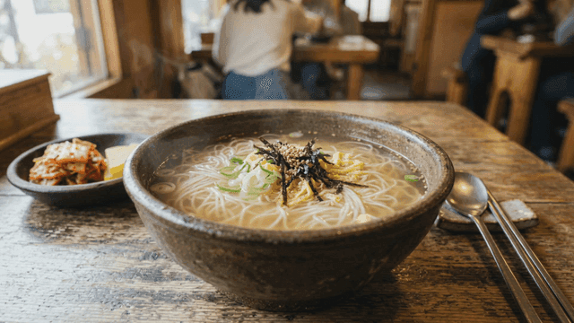 Steaming bowl of Janchi-guksu on table