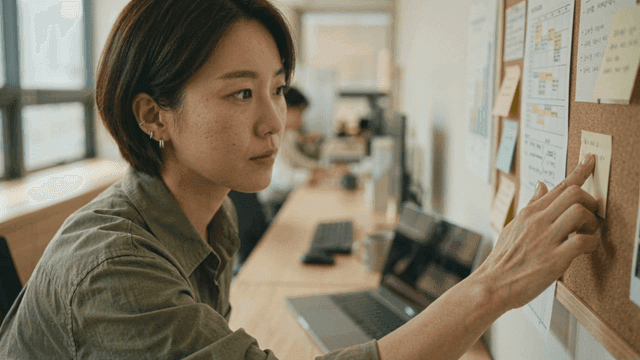Working woman organizing notes on bulletin board