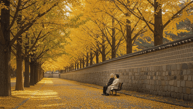 Elderly couple sitting under ginkgo trees