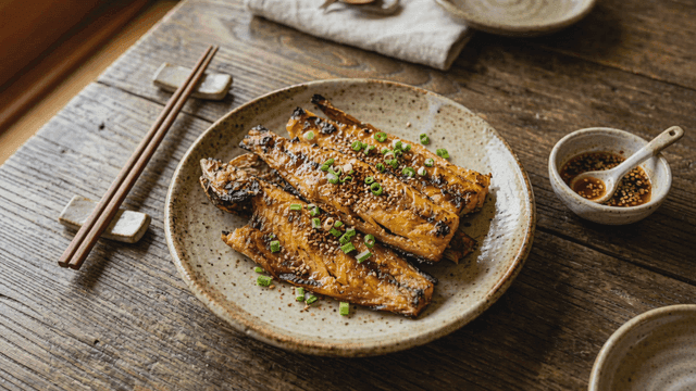 Grilled fish garnished with green onions