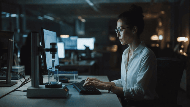 Woman working at desk late at night.