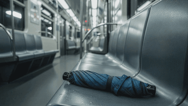 지하철 좌석 위의 젖은 분실물 우산