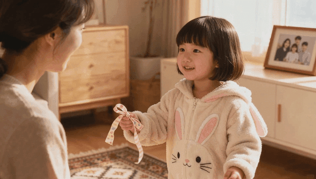 토끼옷을 입고 엄마와 눈을 맞추는 귀여운 여자아이