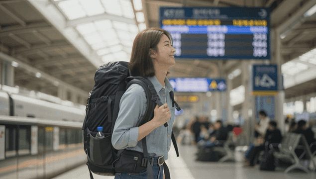 기차역에서 배낭을 멘 젊은 여성