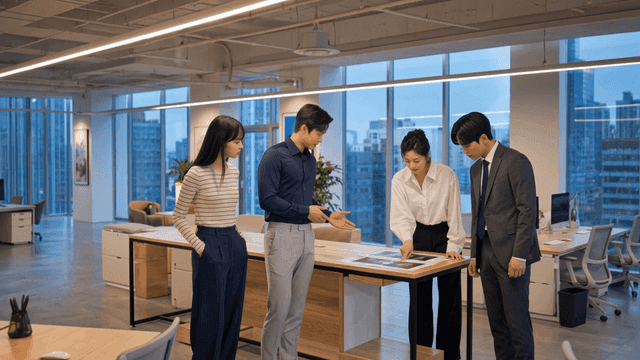 Office meeting with colleagues discussing documents