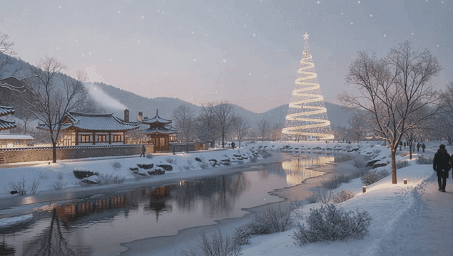 Snowy christmas tree with hanok across river