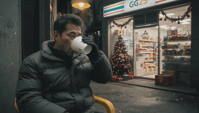 편의점 밖에서 따뜻한 커피를 즐기는 남자