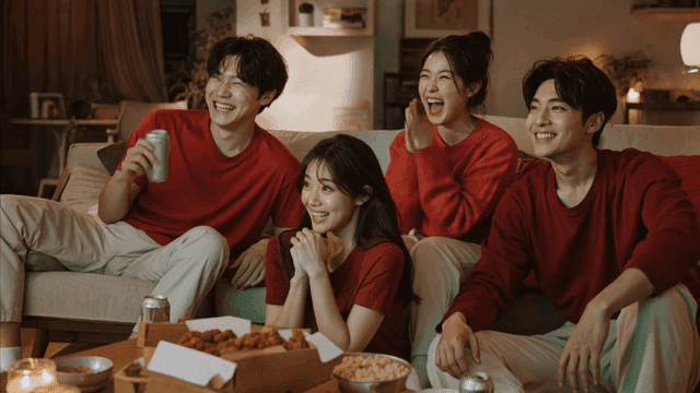 Friends watching soccer with chicken and beer at home late at night
