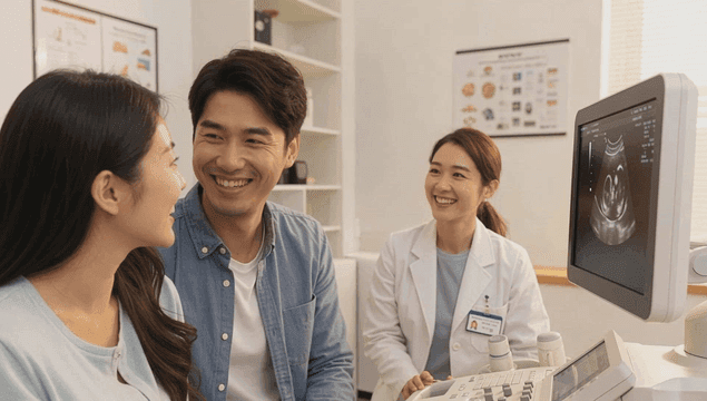 의사와 함께 태아 초음파를 보는 부부