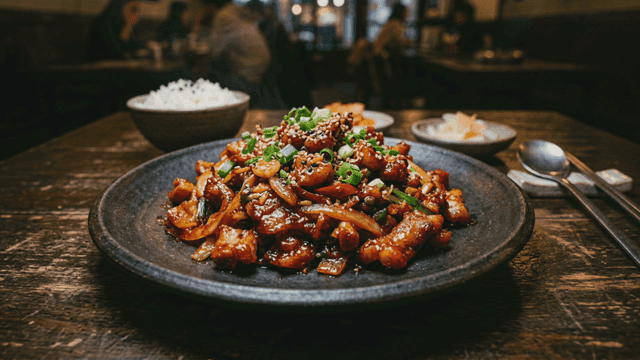 Spicy stir-fried pork at cozy restaurant