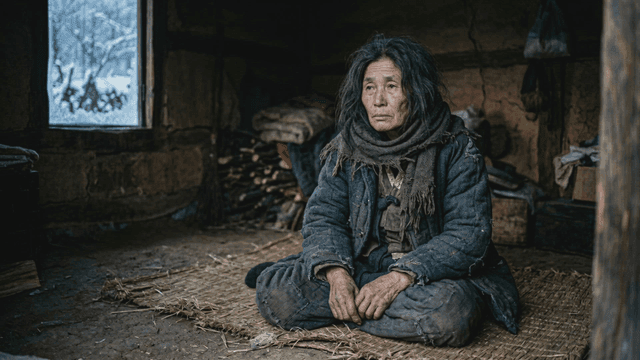 Poor elderly woman sitting in modest room