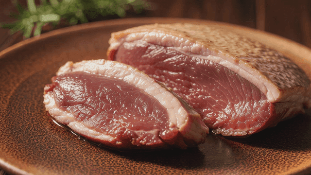 Raw duck breast on a wooden plate