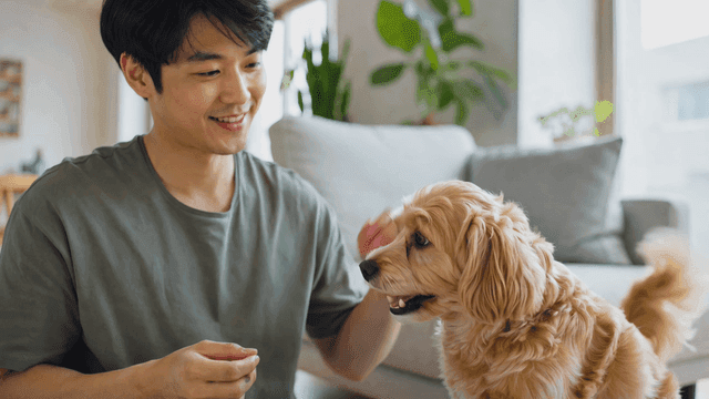 남자가 강아지를 먹이를 먹이고 쓰다듬는 모습