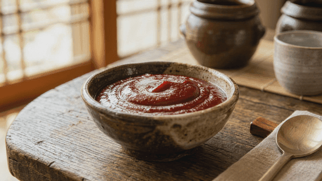 Red gochujang on wooden table.