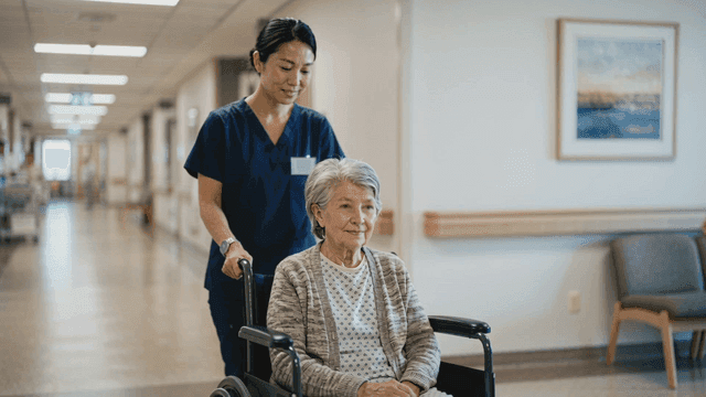 Nurse pushing elderly person's wheelchair in hallway