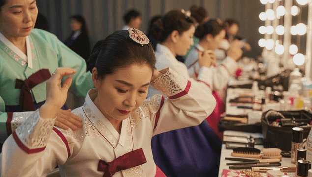 한복을 입고 화장대 앞에서 준비하는 여성들